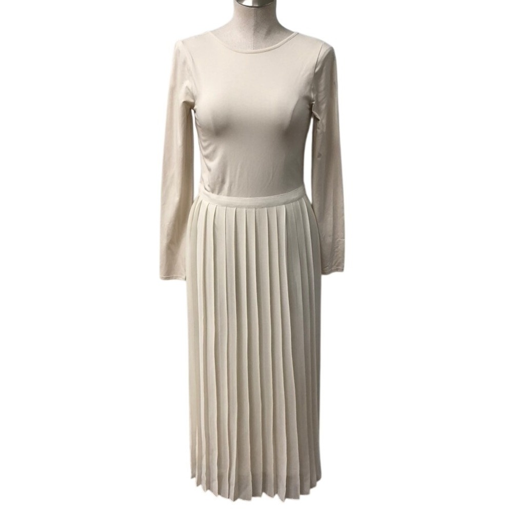J.Crew Pleated Maxi Dress Womens XS Ivory Long Sleeve Mixed Media Bridal